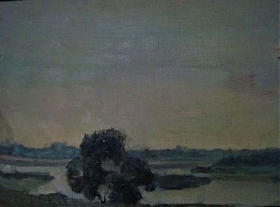 Федоров Александр Иванович (1967). Пейзаж с одиноким деревом. Картон, масло.24,5х34 см. В 1988г 