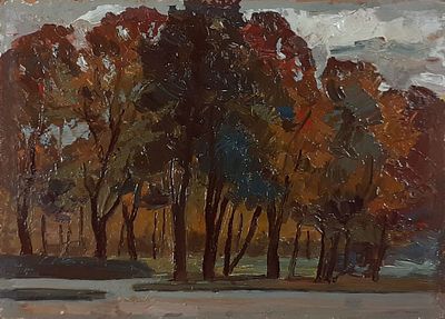 Елисеев Лев Викторович (1930). Осенний парк в Есентуках. 1988 г. Картон, масло. 15,5 х 11,5 см. 