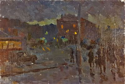 Неизвестный художник (Россия). Вечерний город. Холст на картоне, масло. 34,5 х 23,5 см.