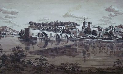 Неизвестный художник. Город у реки. Бумага, акварель, тушь. 10х16 см. Рисунок наклеен на 