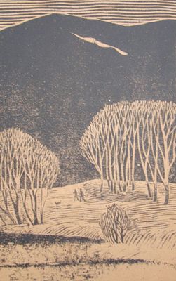 Неизвестный художник. Охотники. 1950 е гг. Картон, линогравюра. 32Х20 см.