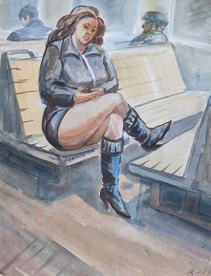 Неизвестный художник. В электричке. 2009 г. Бумага, акварель. 62,7х49 см.