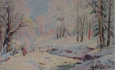 Неизвестный художник (Россия). В лесу зимой. Бумага, карандаш, смешенная техника. 13,5 х 22 см.