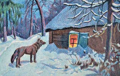 Неизвестный художник (Россия). Волк. Бумага, цветной карандаш. 13 х 20 см.