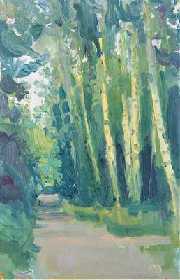 Неизвестный художник (Россия). Сумерки в парке. Картон, масло. 20 х 30 см. Наклеено на подложку 