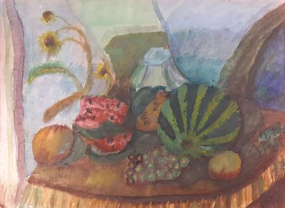 Неизвестный художник (Россия). Натюрморт с арбузом. 1985г. Бумага, акварель. 49 х 37 см.