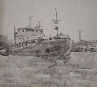 Неизвестный художник (Россия). Корабль. Бумага, акварель. 36 Х 32 см.