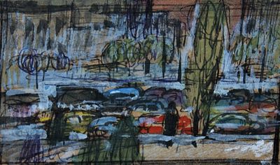 Орлов Василий Сергеевич (1910-2010). Городской парк. Бумага, смешенная техника. 5х9 см. Рисунок 