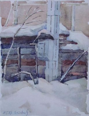 Глызин Петр Иванович (1926 г.р.). Январь. Бумага, акварель. 16Х21 см. Родился 25 августа 1926 