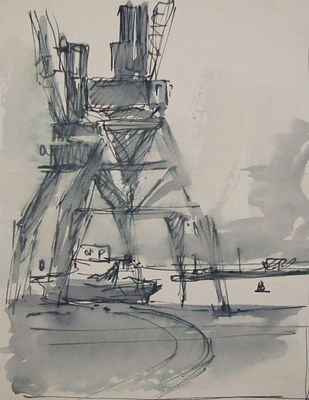 Орлов Василий Сергеевич (1910-2010). В порту. Бумага, тушь, акварель. 11,5 Х 15,5 см. Родился в 