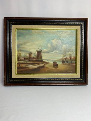 Подписная картина Голландского художника маслом на холсте с изображением мельниц. Картина 