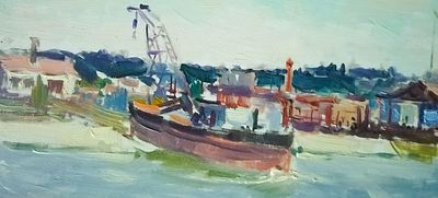 Орлов Василий Сергеевич " Порт", 1962 г. Картон, масло. Размер 15х x 33 см. Справа внизу, на 