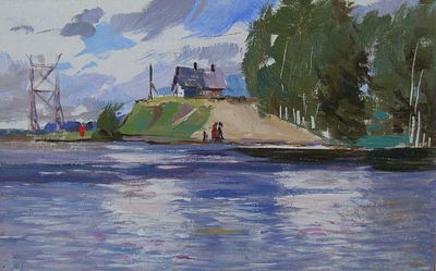Орлов Василий Сергеевич (1910-2010). У Свирстроя. 1958 г. Картон, масло. 17,5Х25 см. Оформлено 