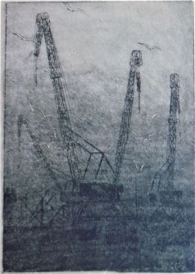 Орлов Василий Сергеевич (1910-2010). Краны. 1960 г. Бумага, офорт, сухая игла. 23,5Х16,5 см. 