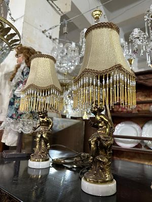 Старинные настольные лампы, бронза, старинный винтажный бисер, Франция. Лампы на мраморном 