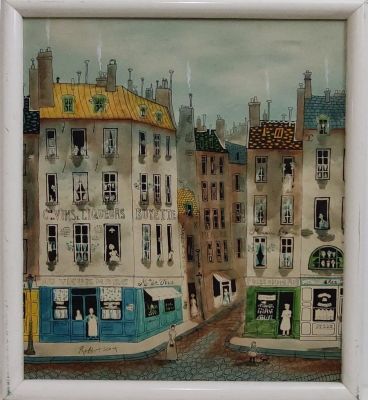 אמן לא מזוהה - נוף אורבני. שמן על בד 50X60 חתום ציור מאוד מיוחד .