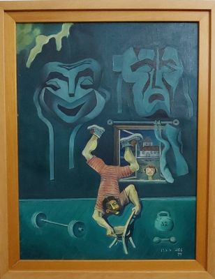 אמן לא מזוהה - עמידה על כסא. שמן על בד 40X50 חתום