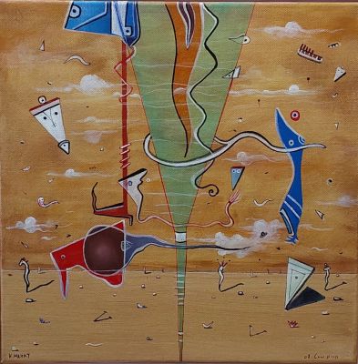 חיים מחט צייר ופסל . - דמויות מרחפות . שמן על בד 40X40 חתום .רמת הביצוע של הציורים של חיים מחט לא 