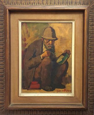 אד אדלר - מתקן הנעליים. שמן על בד, 40x30 ס"מ, חתום.