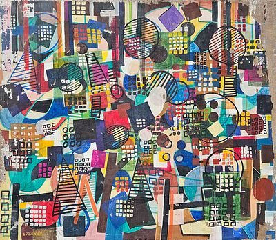 יונה לוטן - ללא כותרת. שמן על בד, 53&times;64 חתום ומתוארך 1968. קילופי צבע, בעיקר בשוליים הימניים 