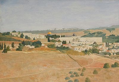 איצו רימר - ארמון הנציב בירושלים. שמן על בד 38X55 חתום .רימר משתמש במגוון רחב של צבעים עזים ונועזים 