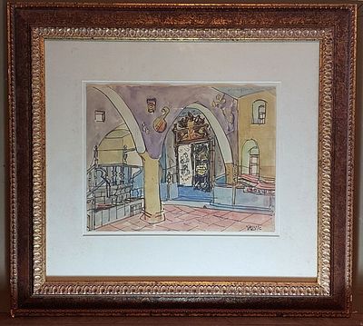 יעקב איזנשר - בית הכנסת הארי בצפת. אקוורל על נייר 25X30 חתום