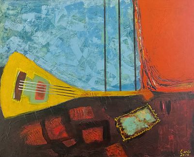 ניסים זלאיט - מנדולינה. אקריליק על בד 81X60 חתום .הצבעים העזים והקומפוזיציות המורכבות הופכים את 