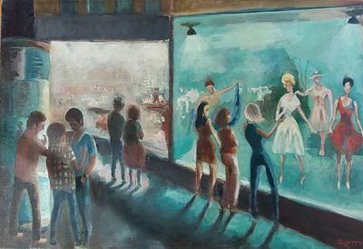 גרטי רובינשטיין - חלון ראווה. שמן על בד 73X50 חתום .הציורים של גרטי רובינשטיין .מציורים ברגש נותנים 