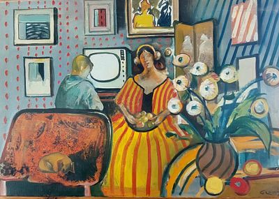 גרטי רובינשטייו - בסלון בבית. שמן על בד 54X81 חתום .הציורים של גרטי רובינשטיין .מציורים ברגש נותנים 