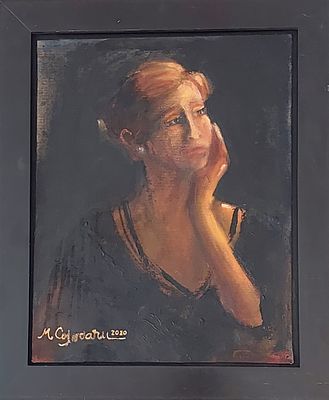 מרים קוג'וקרו - מחשבות . שמן על בד מוצמד לעץ 48X37 חתום .