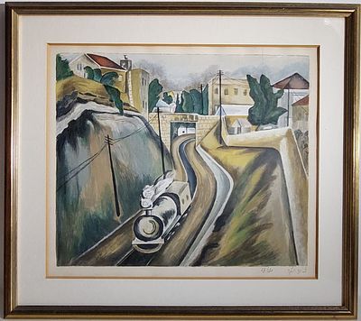 ציונה תג'ר - הרכבת בנווה צדק, 1928, בתל אביב . ליטוגרפיה 50X43 ס"מ חתום.. סדרה. 27.250. נדיר ביותר .