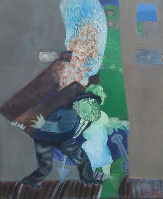 נפתלי בזם - מסעות. שמן על בד 38X46 חתום .עבודתו של בזם עשירה בסמלים ומשמעויות, נוגעת בנושאים של
