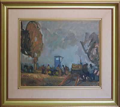 אבי שוורץ - עגלון בשוק. שמן על מזונית 45X3 ס"מ חתום.