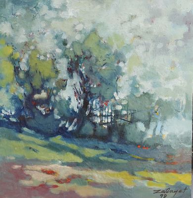 ניסים זלאיט - נוף העמק 98. שמן על בד 50X46 חתום.עבודותיו של זלאיט משלבות השפעות מהאמנות המופשטת 