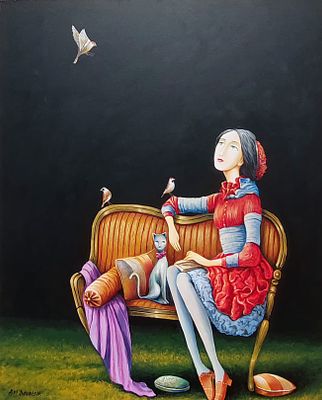 אבי בלאיש - אישה יושבת וחתול. שמן על בד 80X100 חתום.אבי בלאיש מצייר את הנושא בצורה מדויקת ככל האפשר 