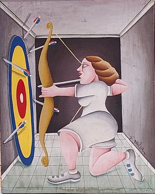 יובל מלר - מזל קשת. שמן על בד מוצמד לעץ 50X40 חתום.מלך הפופ ארט הישראלי בעל הסגנון הומוריסטי 