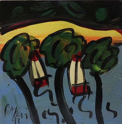 פיטר רוברט קייל - נוף. שמן על מזונית 61×61 חתום 1962: תערוכת יחיד ראשונה בגלריה לאמנות, לונדון 