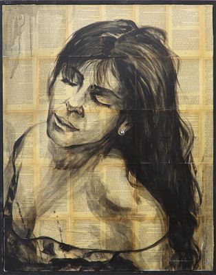 אמן לא מזוהה - דמות אישה. גואש ואקוורל על נייר עיתון מוצמד לבד 90X70 חתום .עבודה מיוחדת מאוד .