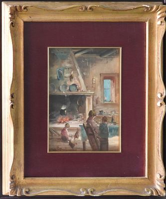 אמן לא מזוהה - פנים חדר. שמן על קרטון 25X35 חתום , יש תעודה על הציור מאחור .