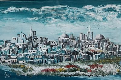 כלב פוליטי - עיר בנוף . שמן על בד 70X50 חתום