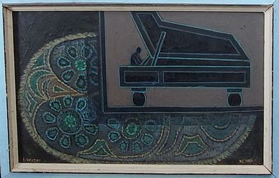 יצחק אמיתי - פסנתר כנף. שמן על קטון 50X80 חתום.יצחק אמיתי, ישראלי, 1984-1907. יצחק אמיתי נולד 