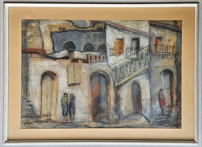 קטה אפרים מרכוס - דמויות בסימטה. פסטל על נייר, 48x68 ס"מ, חתום.