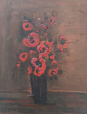 אפרים מודזלביץ - פרחים באגרטל. שמן על קרטון מוצמד לעץ 26X20 חתום .אפרים מודזלביץ' (1931-1995) היה 