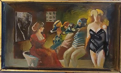 גרטי רובינשטיין - מפגש חברים . שמן על בד 60X35 לא חתום .