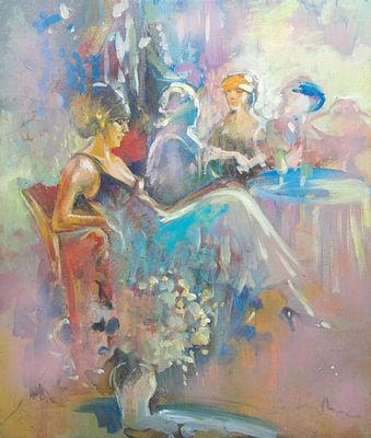 גרטי רובינשטיין רוטמן - דמויות בבית הקפה. שמן על בד, 65x55 ס"מ, חתום.הציורים של גרטי רובינשטיין 