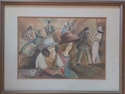 שלמה אלטר - בית קפה. פנדה על קרטון 50X35 חתום .