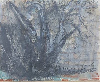 יחזקל שטרייכמן - עץ בנוף ציור מיוחד מאוד . אקוורל על נייר 28X23 חתום .יחזקאל שטרייכמן היה צייר 