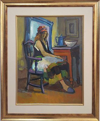 אבי שוורץ - דמות יושבת . שמן על בד 60X45 ס"מ חתום . ציור מיוחד מאוד של אבי שוורץ .