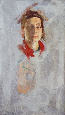 אמנון דוד ער - פורטרט אישה. שמן על בד, 40x23 ס"מ, חתום, מוקדש ומתוארך (2000). אמנון דוד ער הוא 