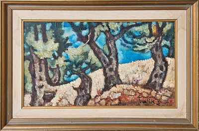 אריה אלואיל (1901–1967) - חורשה. שמן על נייר מוצמד ללוח עץ, 40x60 ס"מ, חתום. 
אודות אריה אלואיל: 